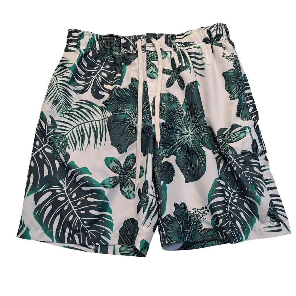 Sonoma Swim Trunks Men Large White Green Excellent Tropical Floral Cargo Pocket